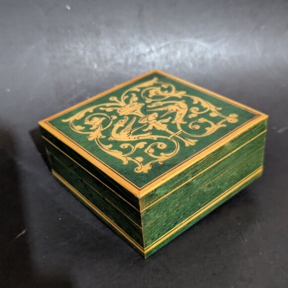 Italian Handcrafted Wooden Trinket Box Green & Gold Floral Design Vintage Decor - Picture 7 of 9